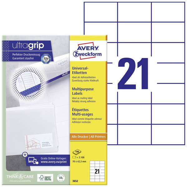 Avery-Zweckform 3652 All-purpose labels 70 x 42.3 mm Paper White 2100 pc(s) Permanent adhesive Inkjet printer, Laser printer, Laser, colour, Copier, Colour copier, Manual labeling