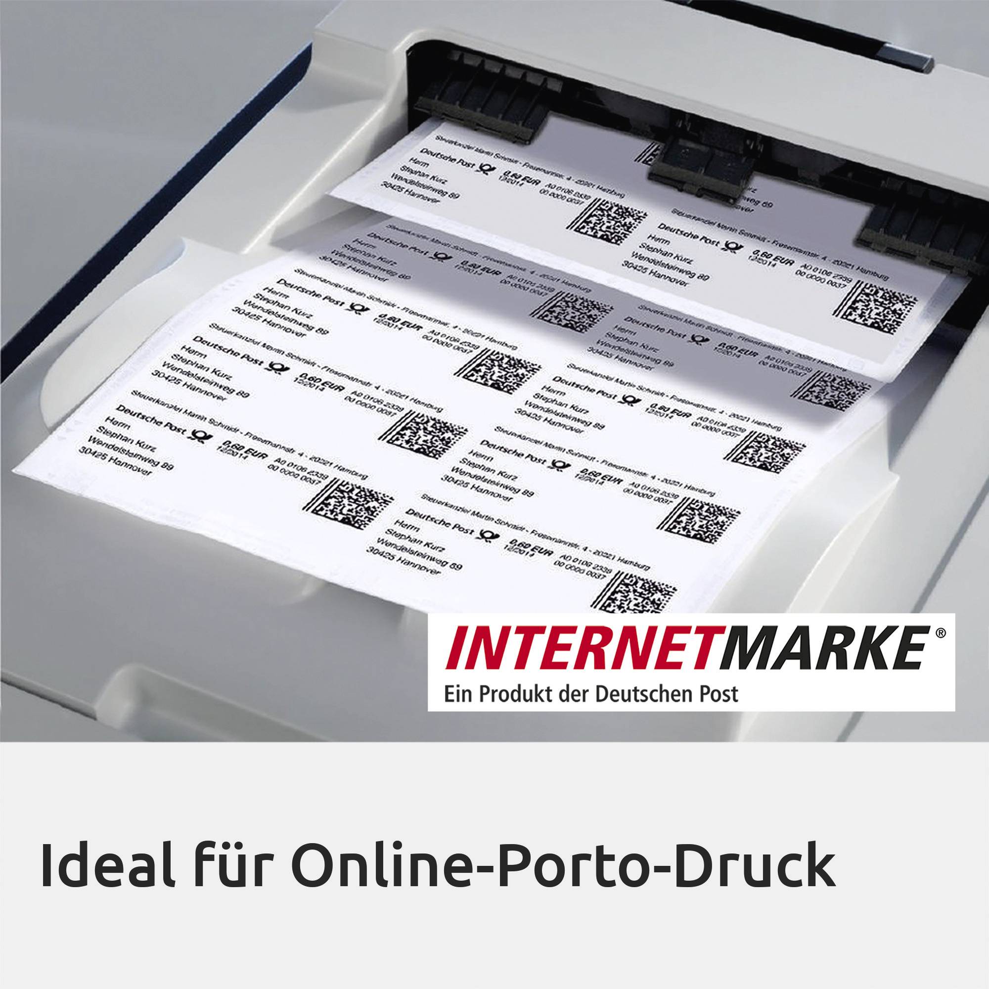 A printer that prints shipping labels with QR codes. Text: 'INTERNET POSTAGE A product of Deutsche Post'. Text underneath: 'Ideal for online postage printing'.