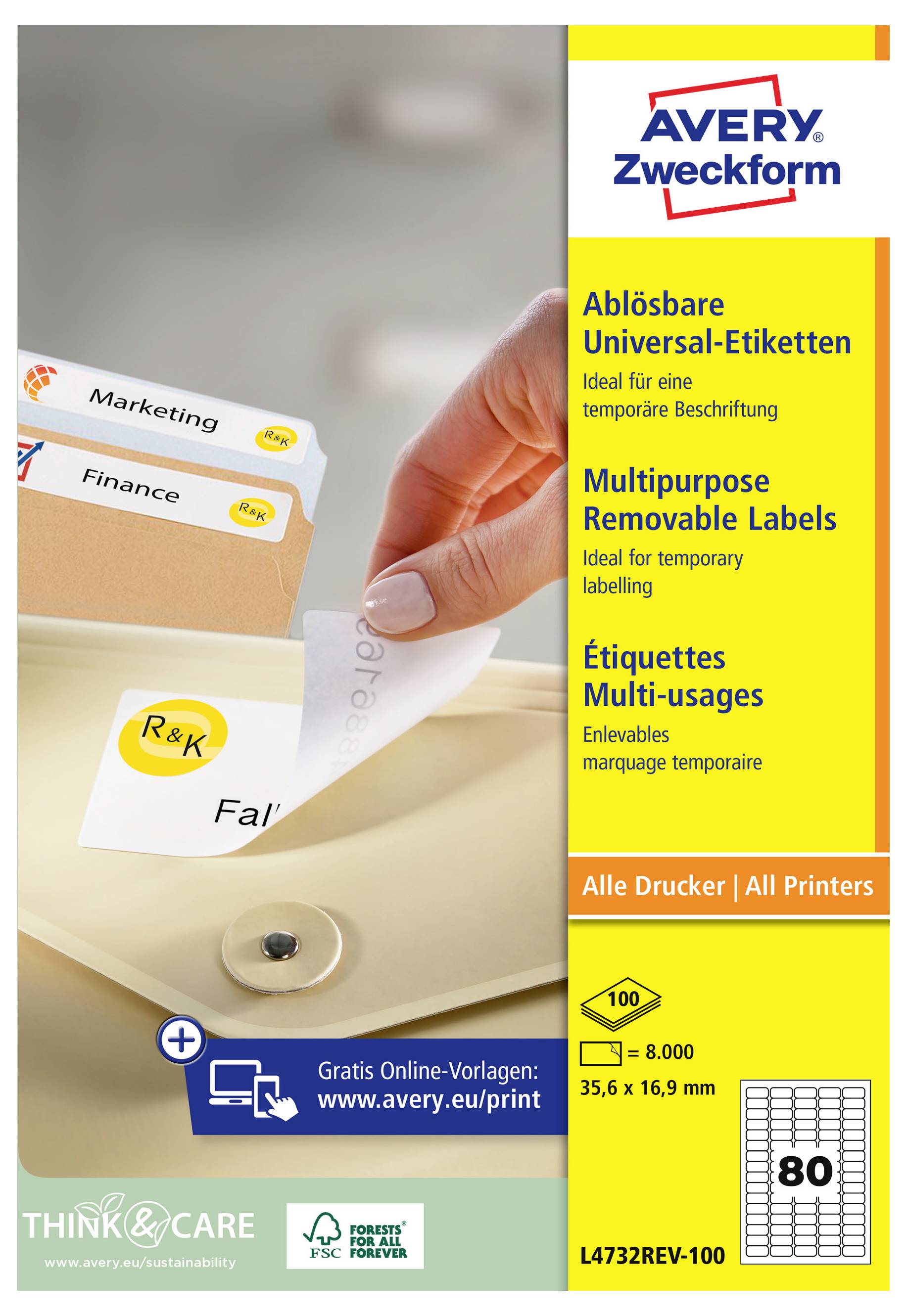 Hand peeling a removable Avery Zweckform label from a file folder; packaging text advertises multipurpose removable labels for all printers.