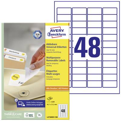 Avery-Zweckform L4736REV-100 All-purpose labels 45.7 x 21.2 mm Paper White 4800 pc(s) Removable Inkjet printer, Laser pr