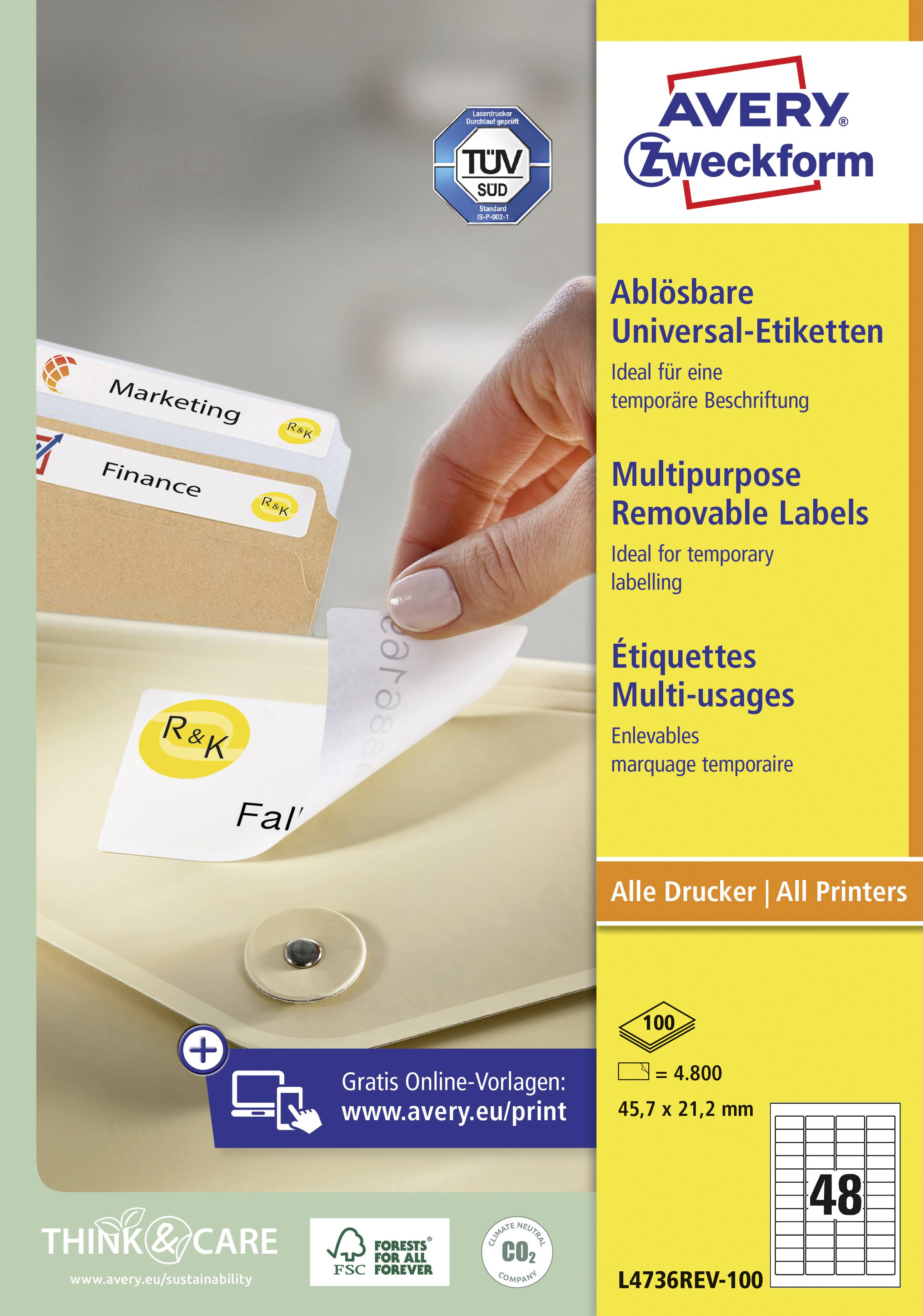 'Label sheet with removable universal labels in a folder. Suitable for temporary labelling and compatible with all printers.'