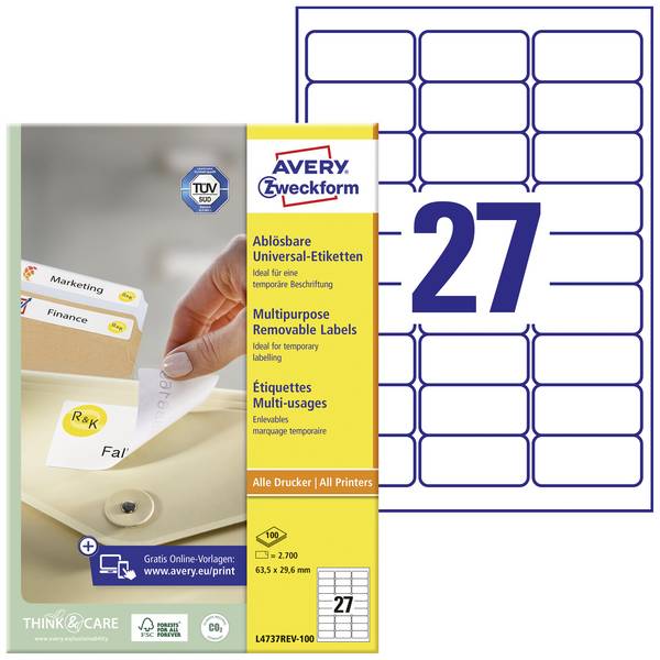 Avery-Zweckform L4737REV-100 All-purpose labels 63.5 x 29.6 mm Paper White 2700 pc(s) Removable Inkjet printer, Laser printer, Laser, colour, Copier, Colour copier, Manual labeling