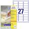 'Avery Zweckform removable universal labels, yellow packaging design with 27 labels per sheet, suitable for all printers.'