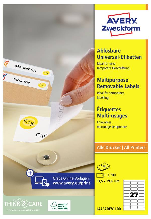 Avery-Zweckform L4737REV-100 All-purpose labels 63.5 x 29.6 mm Paper White 2700 pc(s) Removable Inkjet printer, Laser printer, Laser, colour, Copier, Colour copier, Manual labeling