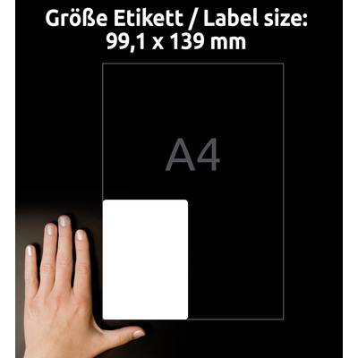 'Label size: 99.1 x 139 mm' is written on an image showing a hand holding an A4 page to illustrate the label dimensions.