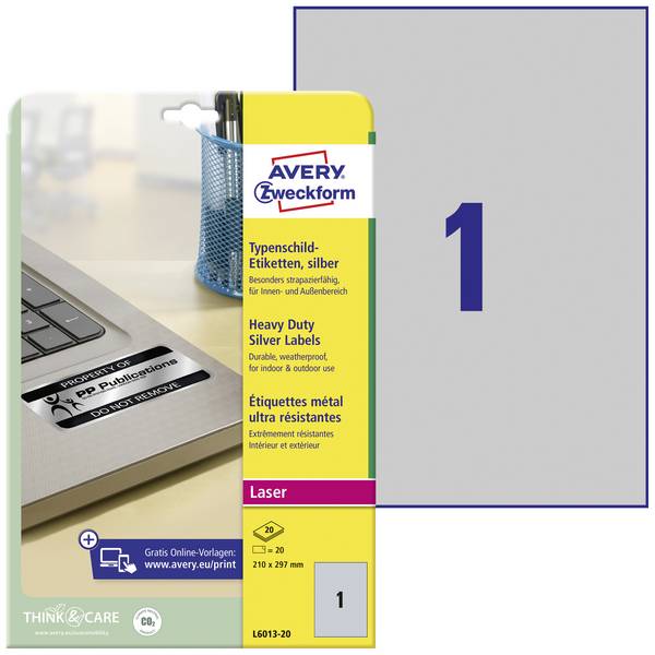 Avery-Zweckform L6013-20 Nameplates 210 x 297 mm Polyester film Silver 20 pc(s) Permanent adhesive Laser printer, Copier, Manual labeling