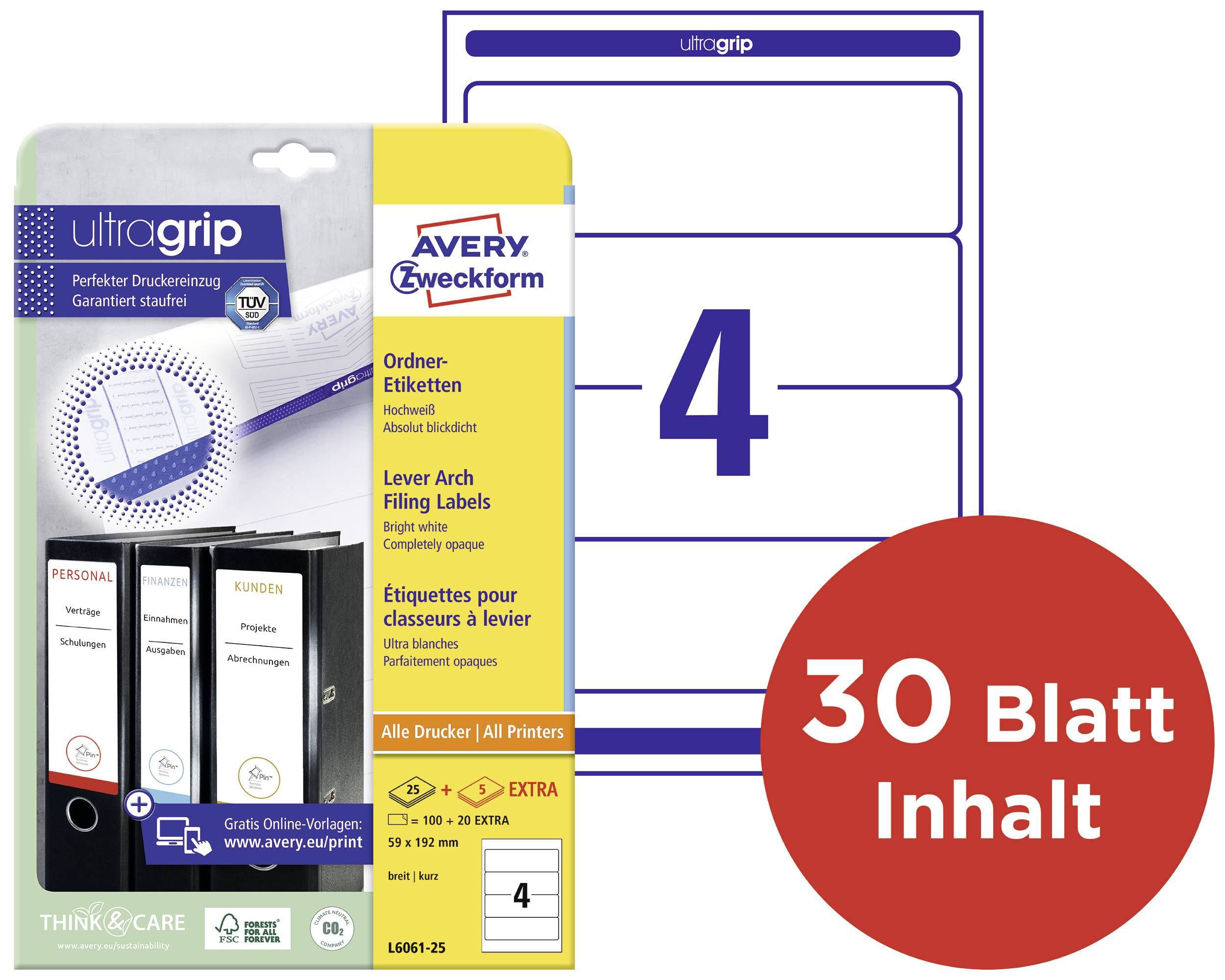 Packaging of Avery Zweckform UltraGrip Folder Labels, 4 labels per sheet, suitable for all printers. Contains 30 sheets.