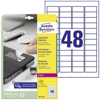 'Avery Zweckform Security Labels with 48 labels per sheet. Suitable for labelling, sealing and securing. Laser compatible.'