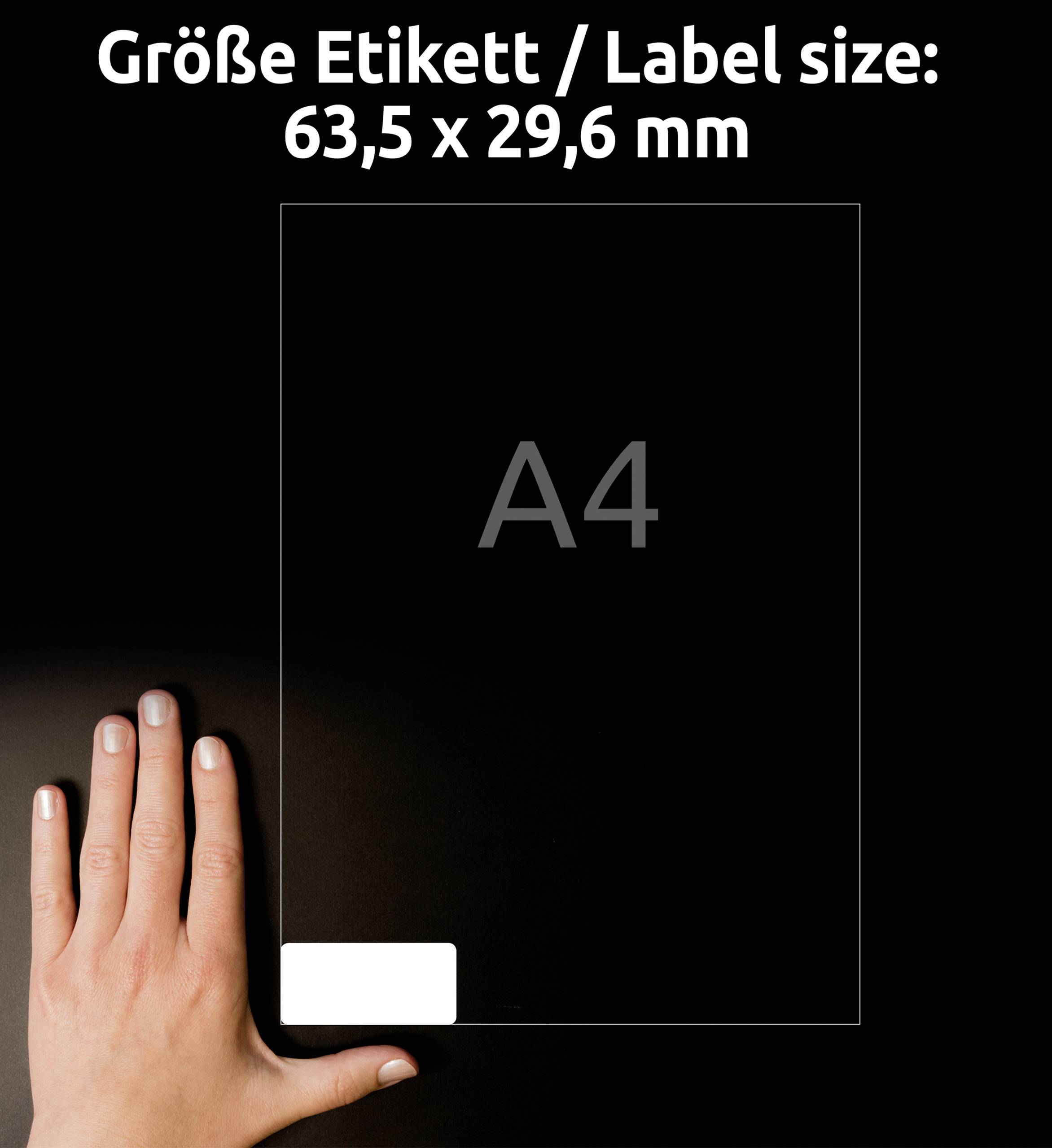 'Label size: 63.5 x 29.6 mm' is written at the top. A hand is holding an A4 paper format with a label in the bottom left corner.