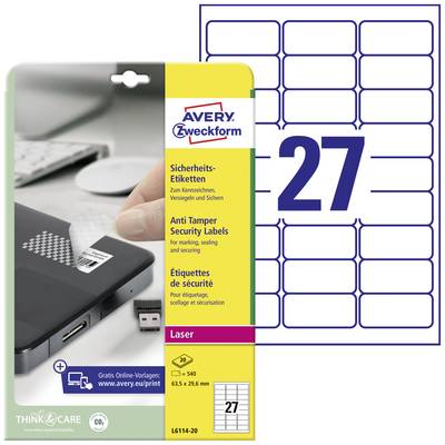   Avery-Zweckform  L6114-20  Safety stickers  63.5 x 29.6 mm  Polyester film  White  480 pc(s)  Permanent adhesive  Lase