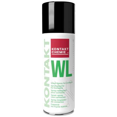 'KONTAKT WL' spray can with the inscription 'Wash Spray for contacts' and a list in multiple languages. White background.
