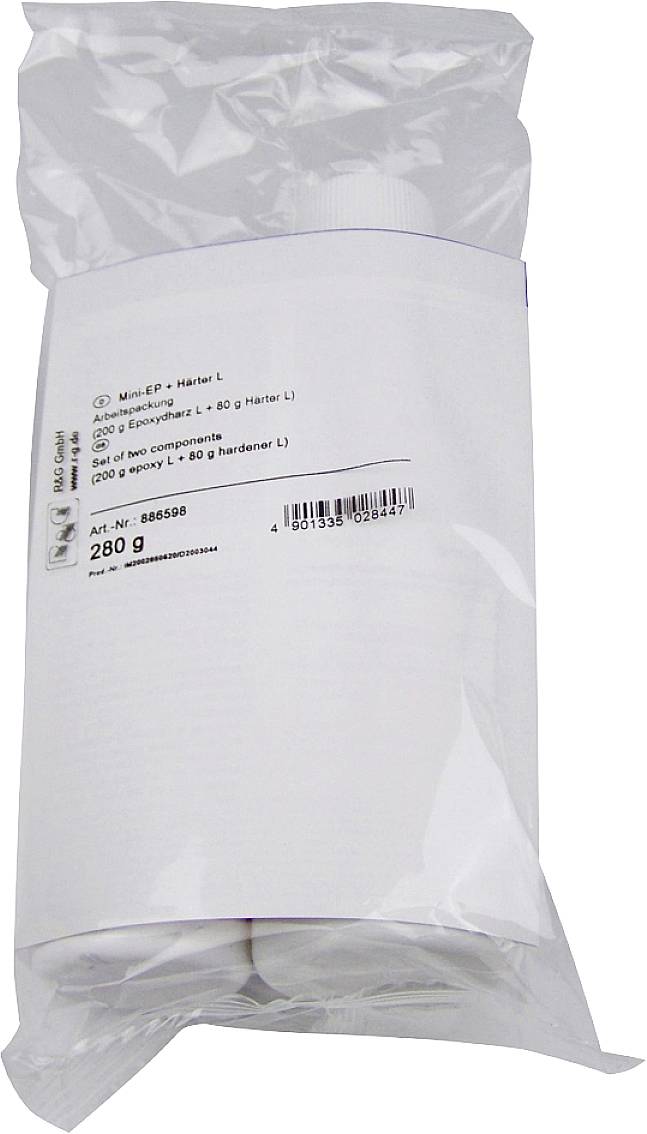 Packaging containing an epoxy resin set, comprising resin and hardener, with a weight of 280g.