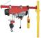 Electric winch with red and black casing, hook and yellow remote control mounted on a yellow stand.