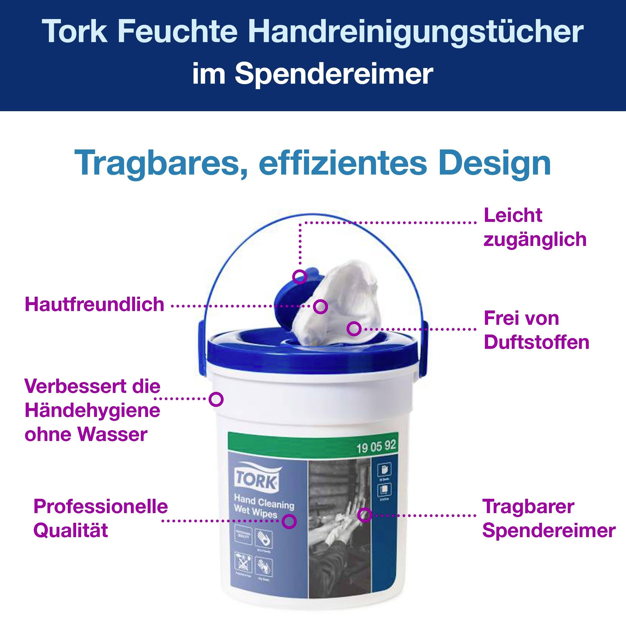 A bucket of Tork wet hand cleaning wipes. Features: portable design, easily accessible, skin-friendly, fragrance-free, improves hand hygiene without water.
