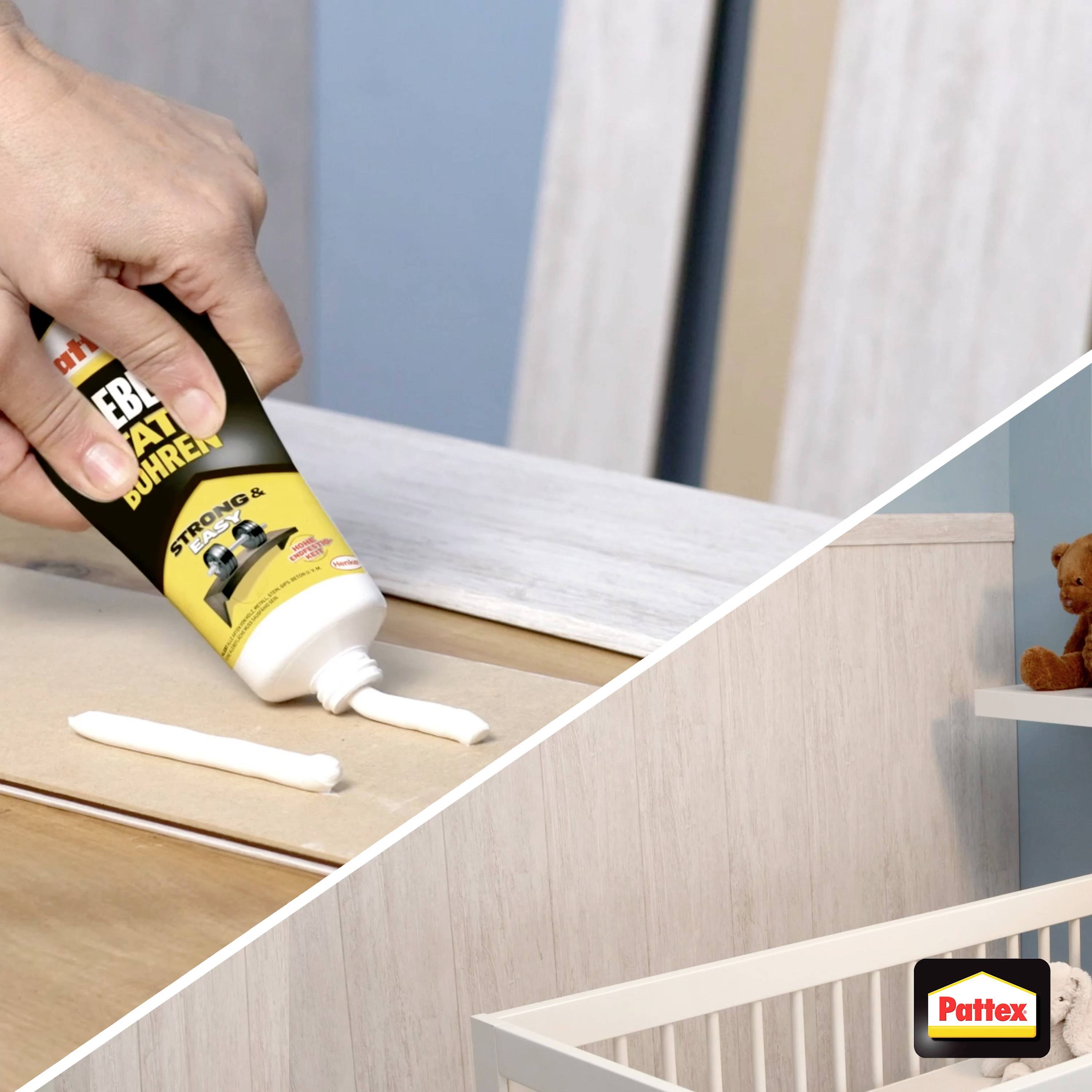 A person is applying glue to a light-coloured piece of wood; a child's cot and a teddy bear are located bottom right.