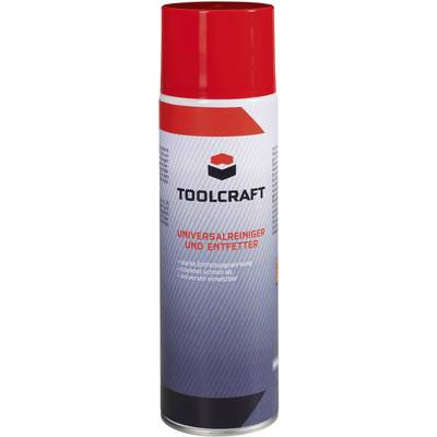 Red and white spray can with the label 'Toolcraft Universal Cleaner and Degreaser'. Suitable for quick cleaning and degreasing.