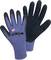 Two blue latex work gloves with a black inner surface. They display symbols for CE certification and mechanical protection.