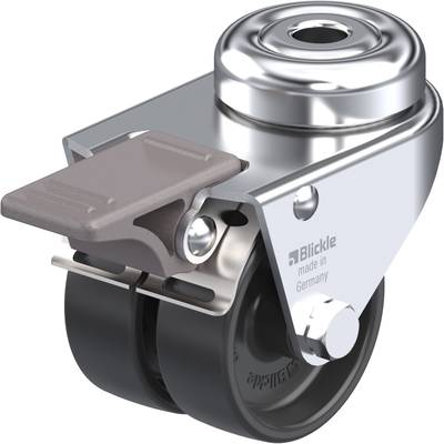 Metal twin-wheel castor with brake and black wheel, manufactured in Germany. Suitable for use on furniture or trolleys.