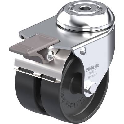 Swivel castor with metal brake, black, marked 'Blickle, made in Germany'. Double rubber wheels.