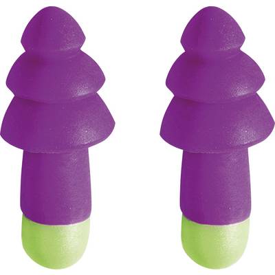 Lilac-coloured foam earplugs, each with a green tip, against a white background.