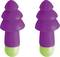 Lilac-coloured foam earplugs, each with a green tip, against a white background.