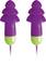 Two purple and green earplugs, shaped like mini Christmas trees, provide noise protection for the ear canal.