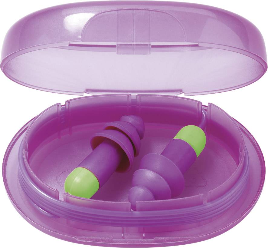 Two purple and green earbuds in an open pink case.