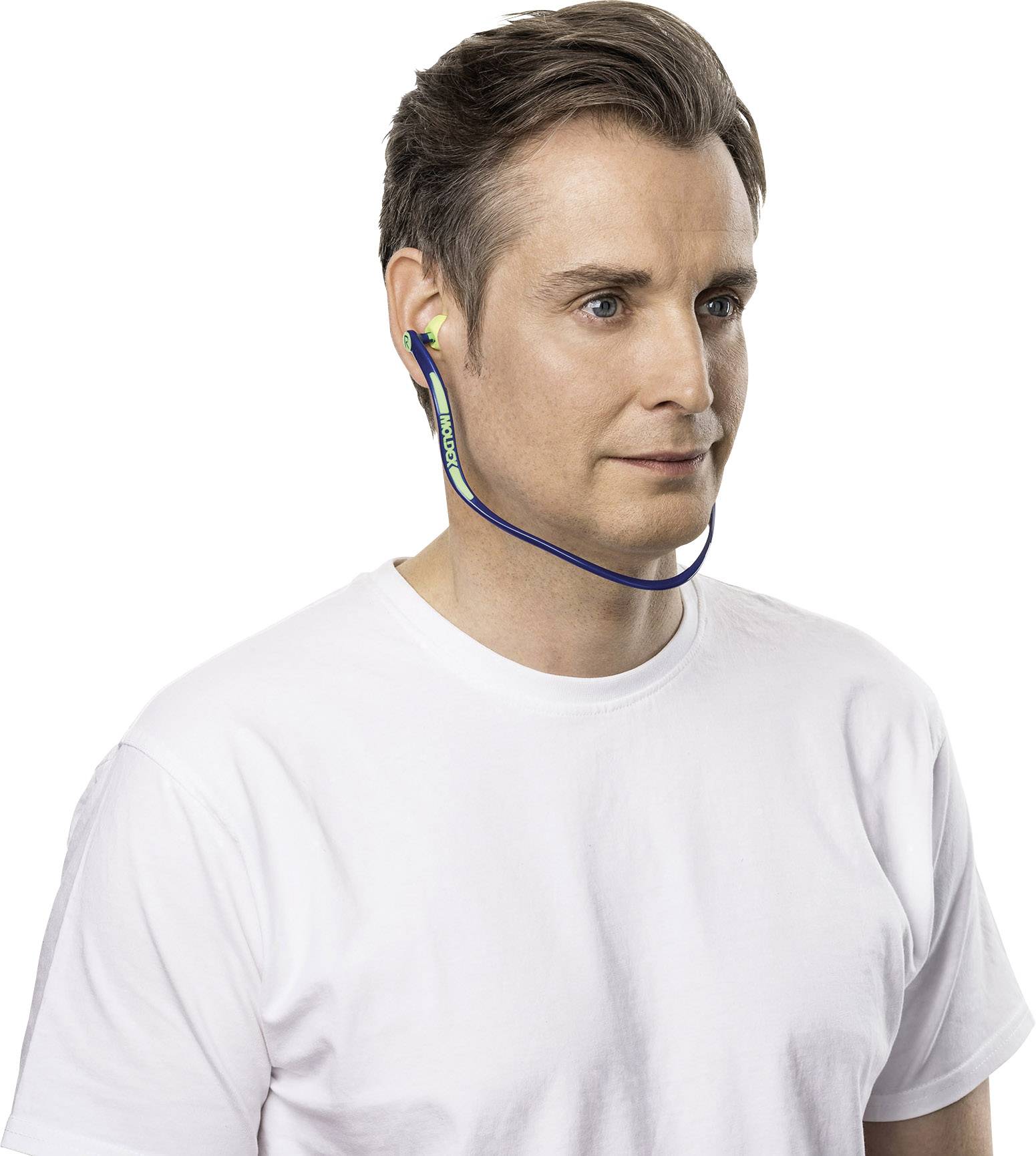 A man is wearing colourful in-ear headphones with a connected blue cable, dressed in a white t-shirt.
