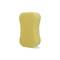 A yellow cleaning sponge in a rectangular shape on a white background.