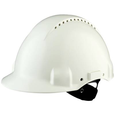 A white plastic safety helmet with ventilation slots, shown from the side.