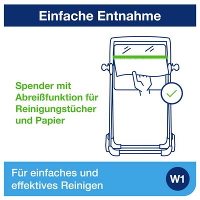 Graphic of a dispenser with tear-off function; title 'Easy Removal', reference to cleaning cloths and paper, at the bottom 'For easy and effective cleaning' with W1 symbol.