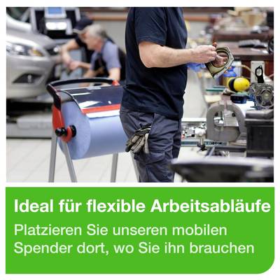 Workshop employee using a mobile tape dispenser; advertising text: 'Ideal for flexible working processes' and 'Position our mobile dispenser wherever you need it'