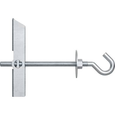 Metal toggle bolt with hook anchored through a wall or panel, showing threaded bolt, washer, nut, and curved hook end.<br>