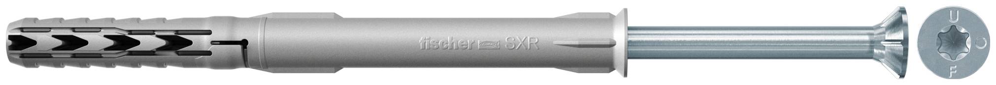 Silver mechanical fastener with a slotted shank and an expanding anchor sleeve beside a small circular icon, shown on white background.