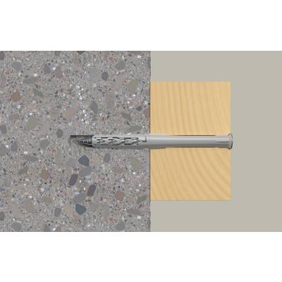 Pen driven through a gray speckled concrete surface from left into a light wood block on the right.
