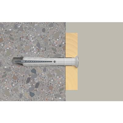 Side view of a metal anchor bolt inserted horizontally into a concrete wall, with a wooden block or shim at the opening on the right.