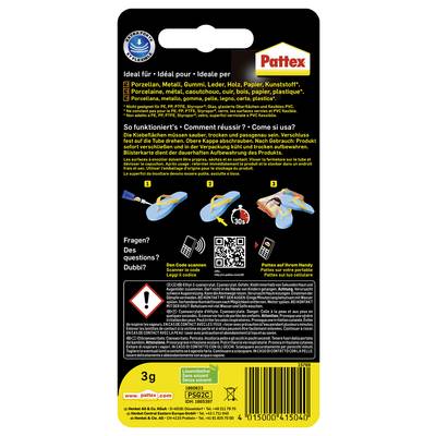 Instructions for using Pattex adhesive: Clean surfaces, apply glue, press, and secure for 30 seconds. Ideal for materials like porcelain, metal, and wood.