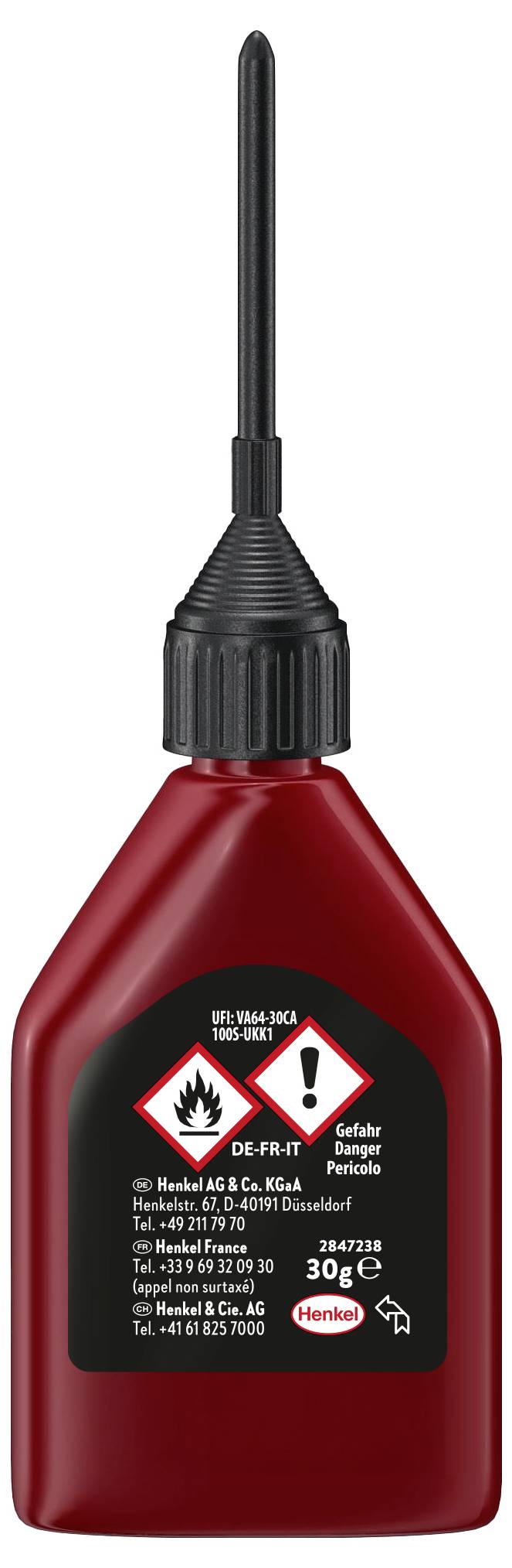 A red bottle with a black nozzle, labeled with hazard symbols for flammability and irritation, containing adhesive for household use.