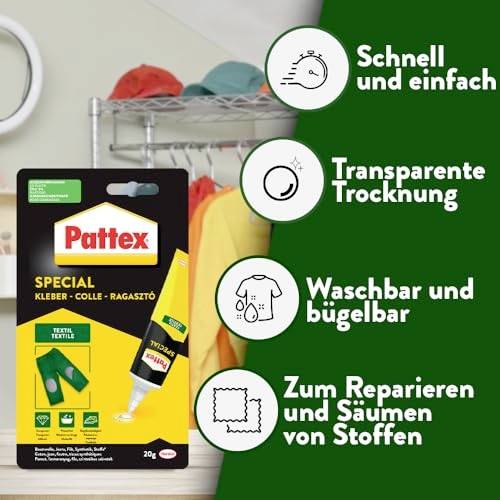 'Pattex Special Textile Adhesive' packaging with icons displaying its properties: quick and easy, clear drying, washable and iron-friendly, for repairing and hemming fabrics.