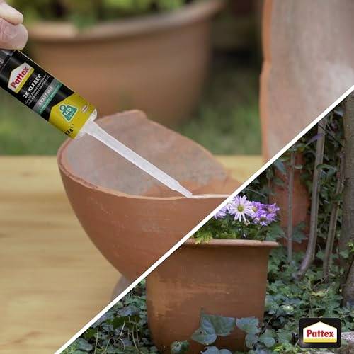 'A person repairs a broken clay pot with Pattex glue. The bottom half of the image shows the repaired pot filled with flowers.'