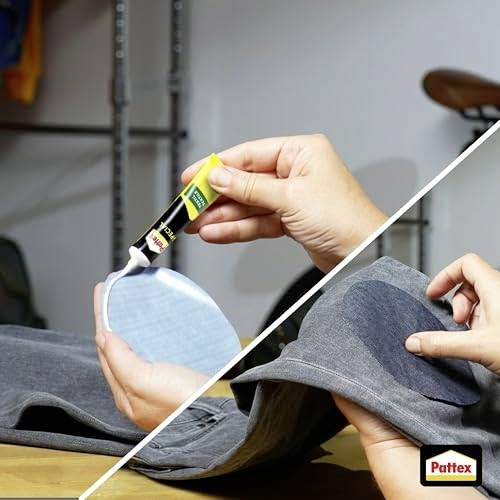 'Before and after' image showing a hand applying Pattex glue to a denim patch on jeans, demonstrating effective fabric repair.