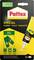 Pattex Special textile glue packaging in yellow and black. The image features a tube of glue and fabric patches on green pants.