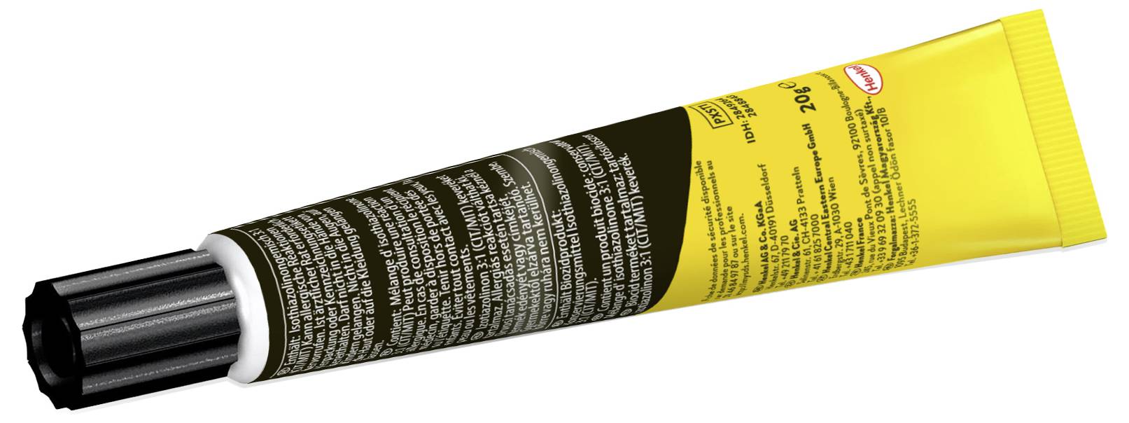 A yellow tube with a black cap and detailed text, likely containing ointment or cream, seen against a white background.