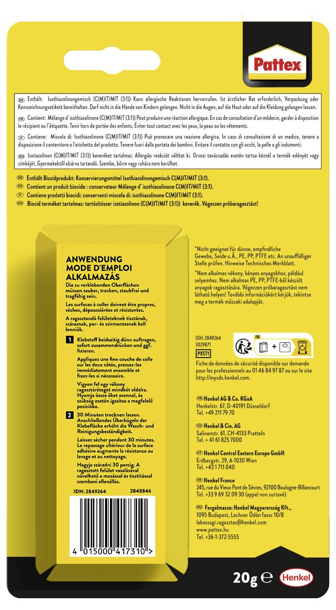 Back of Pattex adhesive product package with application instructions in multiple languages, safety warnings, and barcode. 20g. Henkel logo.