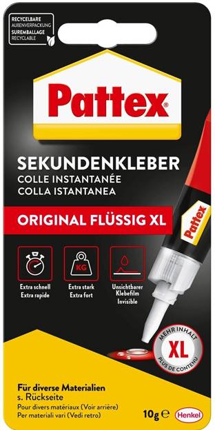 'Pattex Sekundenkleber Original Flüssig XL' packaging shows a tube of instant adhesive. Highlights include extra fast, strong, and invisible bond. Suitable for various materials. 10g.