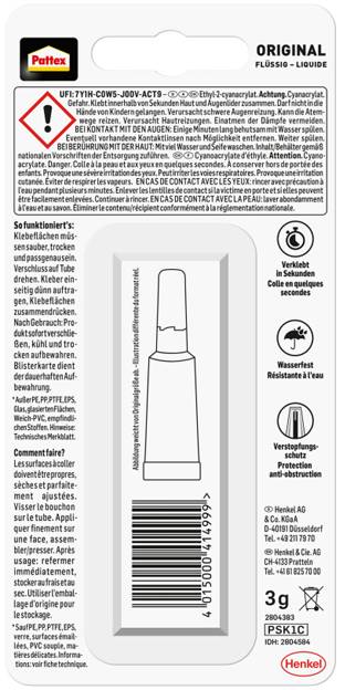 'Pattex Original' glue package showing 3g tube. Warnings: flammable, irritant, bonds skin/eyes. Instructions in German, English, French, Dutch.