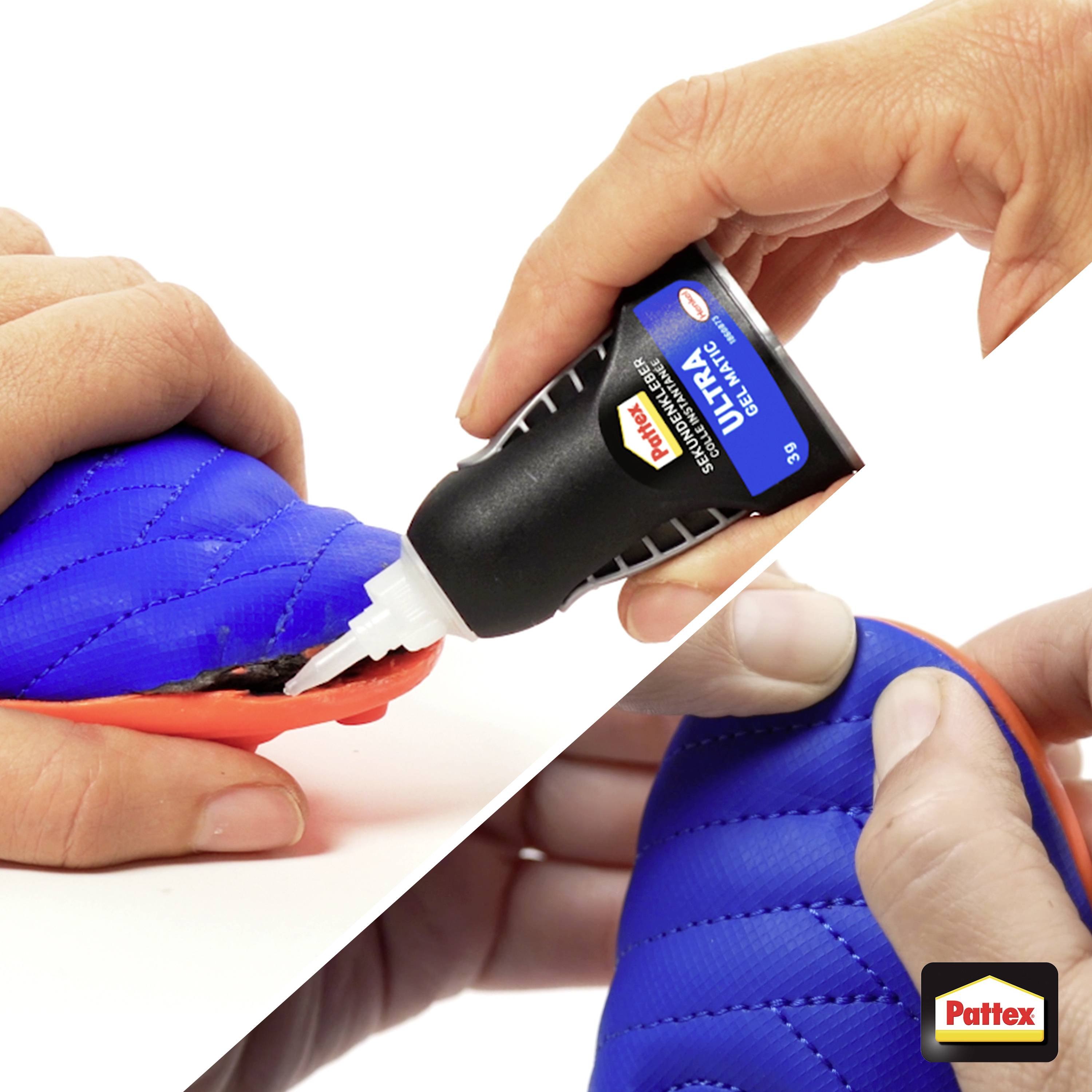 'Pattex' glue being applied to orange and blue materials, focusing on precise application by a hand holding the bottle.
