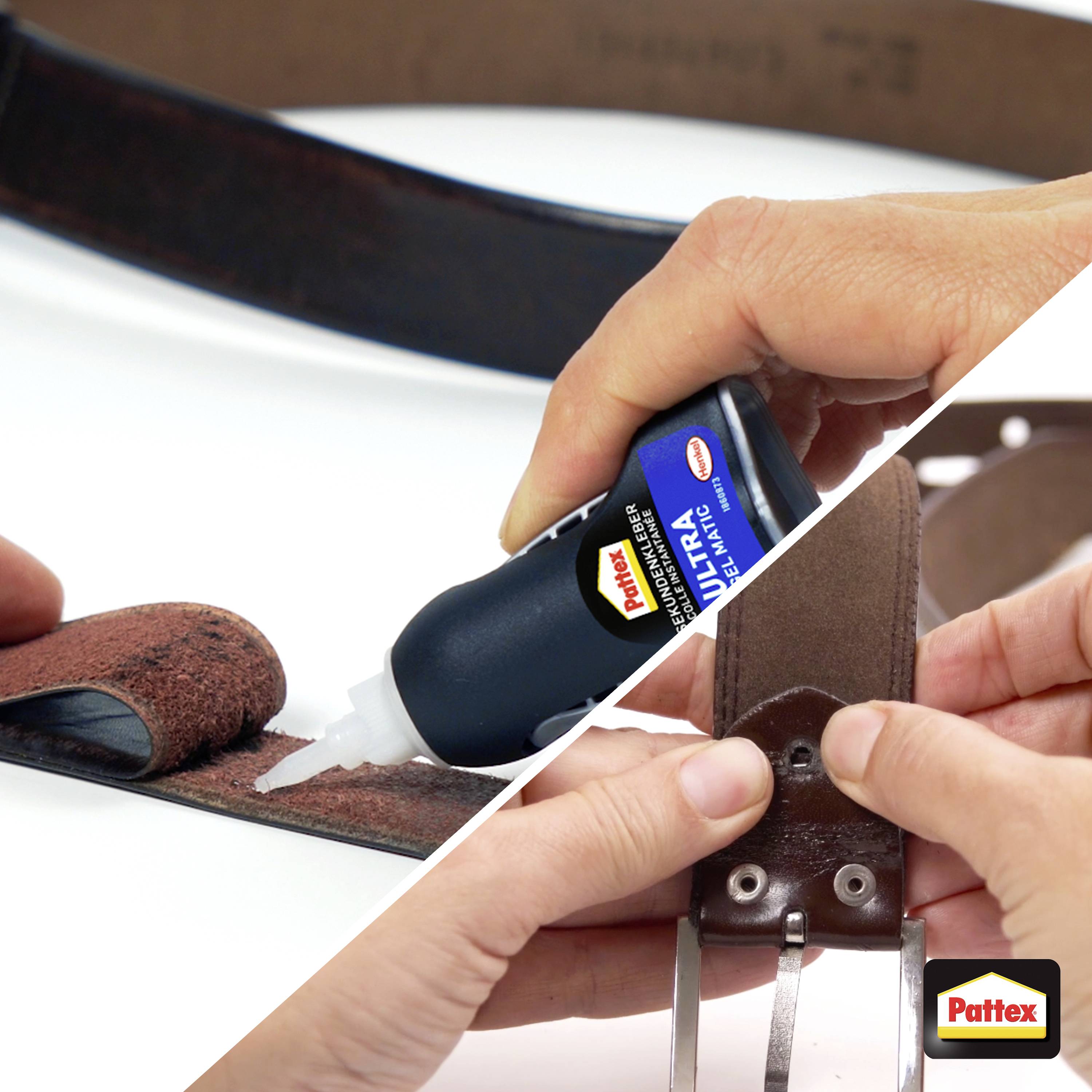 A person applies Pattex Ultra Gel glue to repair a split leather belt, showcasing the product's use for fixing leather items.