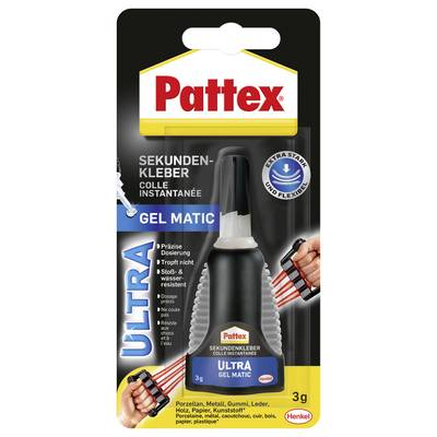 The image shows a Pattex Ultra Gel Matic superglue package. It contains a 3g tube with a precision nozzle, promoting impact and water resistance.