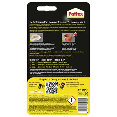 Front view of a Pattex glue package in multiple languages. Instructions and ideal materials are listed. Contains safety icons and contact information.